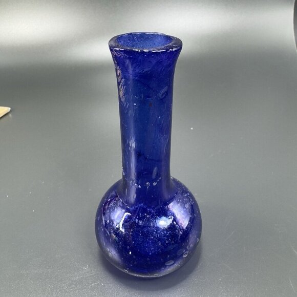 Vintage Egyptian Glass Cobalt Blue Mini Bud Vase Hand Blown With Air Bubbles VTG - Picture 8 of 11